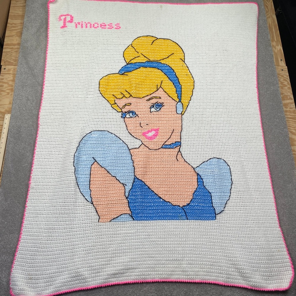 Handmade Cinderella Crochet Blanket Girls OS White Pink Disney Princess Throw